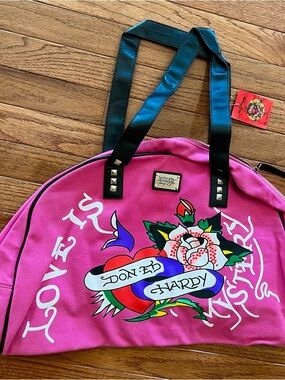 Vintage Ed Hardy Pink Tattoo-Print Weekender Bag